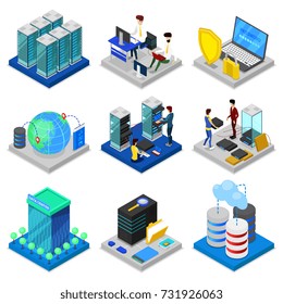 Data Centre Isometric 3D Set. Global Communication, Internet Network, Cloud Database, Computer Technology, Data Security. Data Center With Hosting Servers Equipment And Staff Vector Illustration.