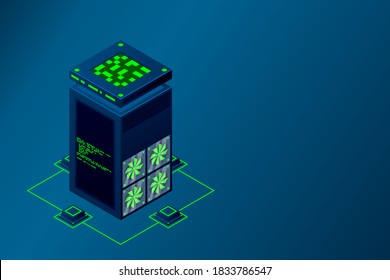 Data centre with server racks isometric. Internet network equipment, smart technology, cloud database sign, computer technology vector illustration.