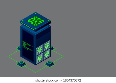 Data centre with server racks isometric. Internet network equipment, smart technology, cloud database sign, computer technology vector illustration.