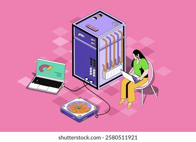 Data centre web concept in 3d isometric graphic design. Isometry people scene with woman working as tech administrators, monitoring system and infrastructure, supporting servers. Vector illustration.