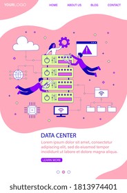 Data Centre web template with stacked computers being attended to by software or hardware technicians, colored vector illustration