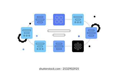 Cadeia e tipos de dados. Processos de alta tecnologia. Esquema abstrato, elemento infográfico. Gráficos simples. Arquivo vetorial.