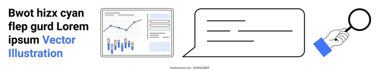 Data chart with graphs, speech bubble, and magnifying glass. Ideal for analytics, communication, data analysis, insight, discussions, research, presentations Landing page