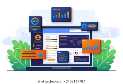 data charts, graphs, and a dashboard on laptop screen, SEO marketing advertising analytics vector illustration, Marketing analytics, Market research, Business Analysis, Financial reports and research
