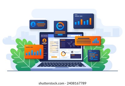 data charts, graphs, and a dashboard on laptop screen, SEO marketing advertising analytics vector illustration, Marketing analytics, Market research, Business Analysis, Financial reports and research