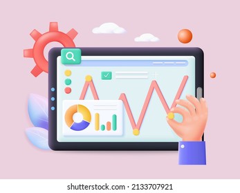 Data charts, statistics report on tablet screen, 3d vector illustration. Statistical analysis, research, data analytics