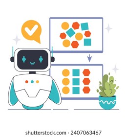 Data classification concept. A friendly robot engages in machine learning, effectively sorting diverse shapes for smarter technology. Flat vector illustration