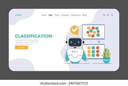 Data classification concept. A friendly robot engages in machine learning, effectively sorting diverse shapes for smarter technology. Flat vector illustration