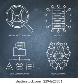 Data classification and deep learning chalkboard icon set. Vector illustration.