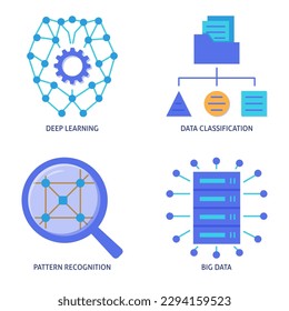 Data classification and deep learning flat icon set. Vector illustration.