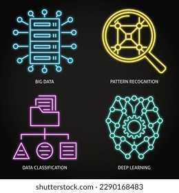 Data classification and deep learning neon icon set. Vector illustration.