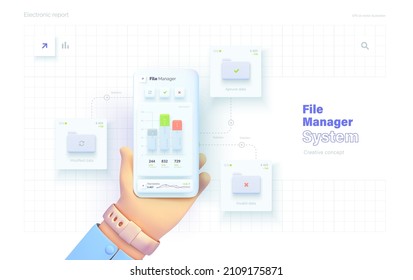 Data classification. The hand holds the phone. Mobile application for data analysis and accounting. File management. Electronic report. Vector illustration in 3d style