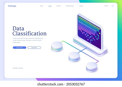 Data Classification Isometric Landing Page, System Of Electronic Database For Corporate Business. Monitor With Colorful Dots And Files Or Folders Separated By Relevant Categories, 3d Vector Web Banner