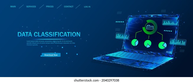 Clasificación de datos. El sistema de clasificación electrónica de los datos empresariales. En la pantalla del portátil, se muestran los datos sobre los archivos del sistema. Clasificación de archivos, carpetas, gráficos.