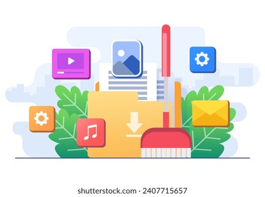 Data clean concept flat illustration vector template, Deleting cache memory, download history cloud data, Clean digital memory, Delete documents in trash, Cleaning Software