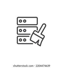 Data Cleaning Line Icon. Database And Brush Linear Style Sign For Mobile Concept And Web Design. Data Cleansing Outline Vector Icon. Symbol, Logo Illustration. Vector Graphics