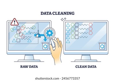 Data cleaning and raw information removing from storage outline diagram. Labeled scheme with before and after examining database and sorting files vector illustration. Digital information management.