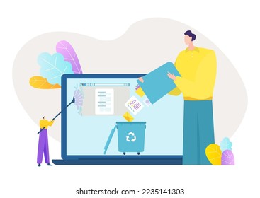 Data cleaning at screen, vector illustration, tiny flat man character delete information at computer, huge guy throw documents at litter bin.