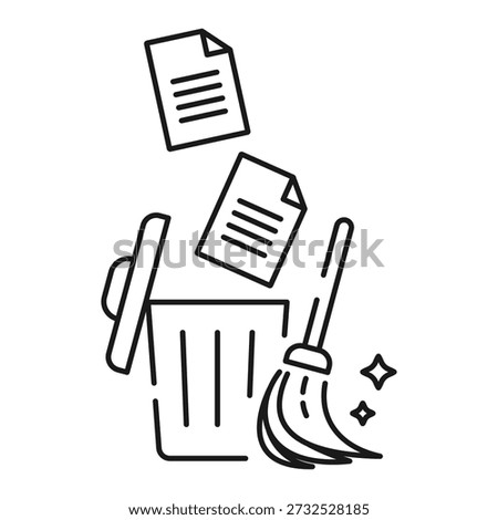 Data Cleaning Trash Bin Broom Line Icon Vector for App Website Infographic