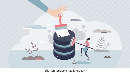 Data cleansing as hard drive cleanup and removing files tiny person concept. Database security protection with personal information traces removing vector illustration. Check for unnecessary folders.