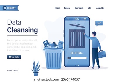 Data cleansing, landing page template. Businessman uses and cleaning phone from trash files. Waste bin on smartphone. Delete junk files and clean your mobile phone. flat vector illustration