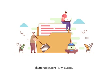 Data cleansing people cleaning folder flat vector illustration concept,can be used for landing page, ui, web, app intro card, editorial, flyer, and banner.