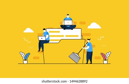 Data cleansing people cleaning folder flat vector illustration concept,can be used for landing page, ui, web, app intro card, editorial, flyer, and banner.