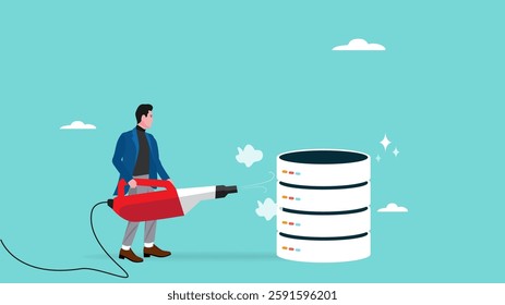 data cleansing process, correct or delete inaccurate data, preprocessing before data analysis, businessman cleaning database metaphor of cleansing process using vacuum cleaner