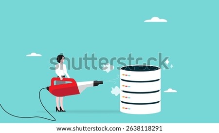 data cleansing process, correct or delete inaccurate data, preprocessing before data analysis, businesswoman cleaning database metaphor of cleansing process using vacuum cleaner
