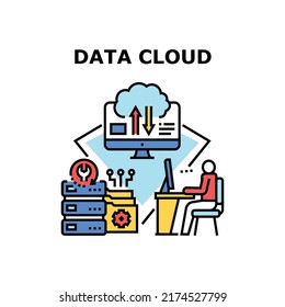 Concepto de icono del vector de conexión a la nube de datos. Conexión En Nube De Datos Para Administrar Archivos Multimedia Y Descargar O Cargar Desde El Equipo. Ilustración de color de conexión al ciberespacio virtual