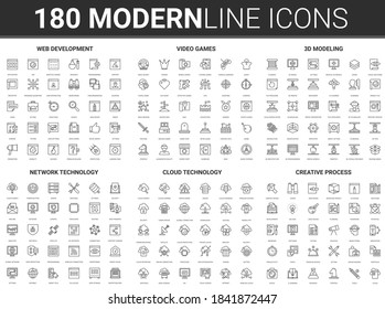 Data cloud digital technology vector illustration. Flat thin line icon set of creative science tech process, network web security, website and video game development, 3d modeling infographic symbols