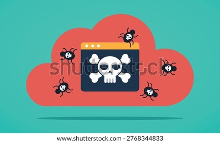 The data cloud was hacked by a virus with computer boots. Applications with a skull on a red cloud. Computer worms with a skull illustration are leaving the application.