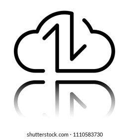 Data cloud icon. Backup, restore. Upload, download. Up and Down arrows. Linear, thin outline. Black icon with mirror reflection on white background
