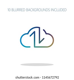 Data cloud icon. Backup, restore. Upload, download. Up and Down arrows. Linear, thin outline. Colorful logo concept with simple shadow on white. 10 different blurred backgrounds included
