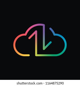 Data cloud icon. Backup, restore. Upload, download. Up and Down arrows. Linear, thin outline. Rainbow color and dark background