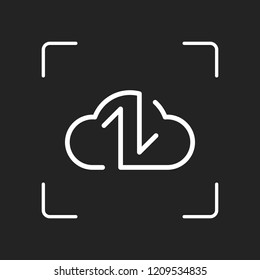 Data cloud icon. Backup, restore. Upload, download. Up and Down arrows. Linear, thin outline. White object in camera autofocus on dark background