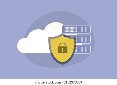 Data Cloud Security Vector Icon Concept. Cloud Computing Technology Protects Personal Information, Encrypts Secure Data On Servers And Stores It Decentralized On Global Network. Vector Illustration