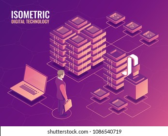 Data cloud storage, landing page template. Servers typically used by organizations for remote storage files, cryptocurrency market, server room rack, automated business processes isometric vector