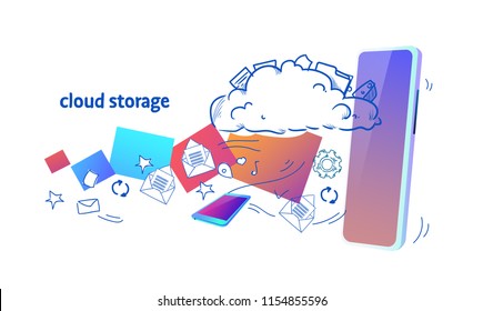 Data Cloud Storage Mobile App Online Synchronization Security Database Concept Horizontal Sketch Doodle Vector Illustration