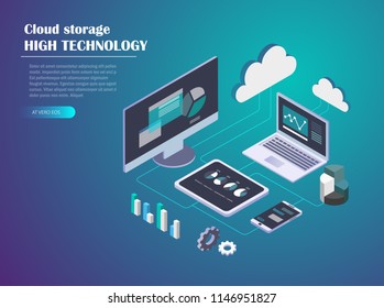 Data Cloud Storage Network Isometric vector illustration. Computer, Laptop, Mobile phone,Tablet, hard drive connection on blue background. Header design for website.