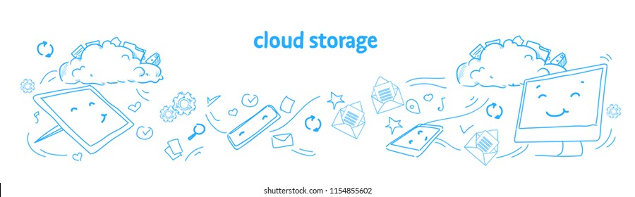 Data cloud storage online synchronization security database concept horizontal banner sketch doodle vector illustration