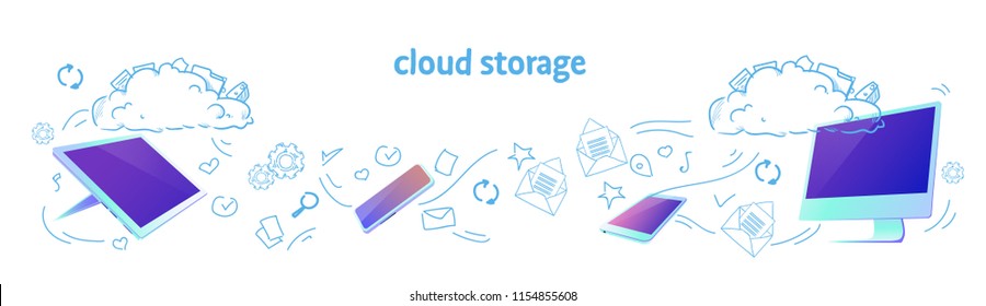 Data cloud storage online synchronization security database concept horizontal banner sketch doodle vector illustration