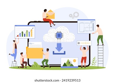 servicio de almacenamiento en la nube de datos. Pequeñas personas con documentos y archivos para cargar o descargar en el sistema de red digital, icono en la nube de la plataforma de base de datos en la pantalla de tablet ilustración vectorial de dibujos animados