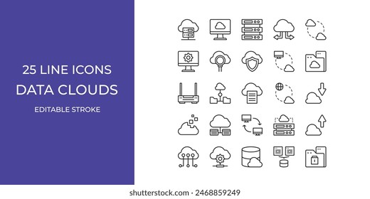 Data clouds icon set vector design illustration stock editable stroke. server, data secure, database and more