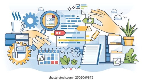 Data coding, programming and code script writing outline hands concept. Software development with debugging, error checking process of converting data in form that can be analyzed vector illustration