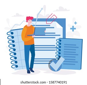 Data collection agreement. Business people collect information and structure it. Vector illustration for web banner, infographics, mobile.