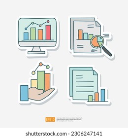 data collection and analysis concept doodle sticker icon set vector illustration. Statistics science technology, machine learning process related for business strategy sign symbol