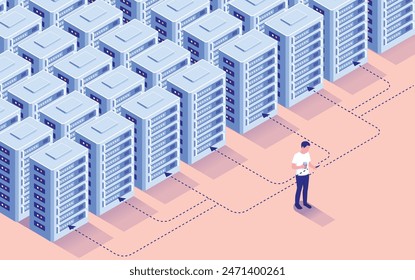 Recolección de datos: servidores de datos de grandes empresas tecnológicas que recopilan y recopilan datos personales de usuarios de personas con teléfonos móviles. Concepto de Data Broker en Ilustración vectorial de perspectiva isométrica de diseño plano