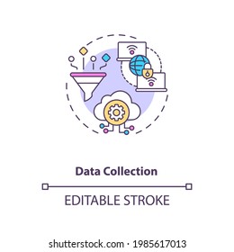 Data collection concept icon. M2M communication type idea thin line illustration. Gathering and measuring information from different sources. Vector isolated outline RGB color drawing. Editable stroke