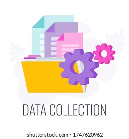 Data Collection Icon. Market research. Information about the market, company and customers is accumulated in data folders. Flat vector illustration.